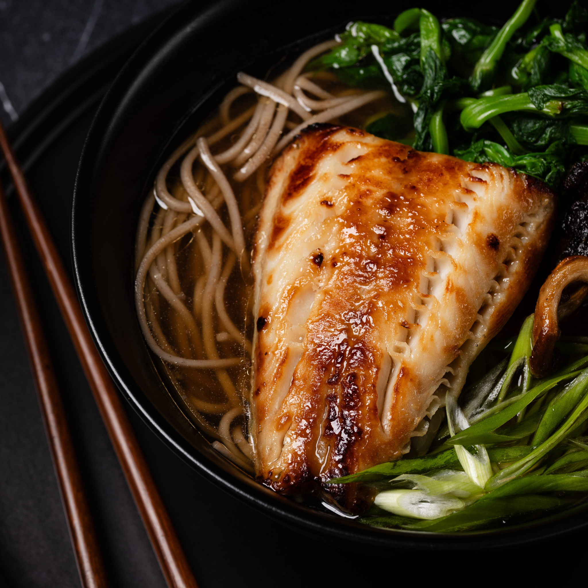 Miso Sablefish Soba Noodle Ramen with Pea Tips and Crispy Oyster Mushr &ndash; GoodFish Seafood