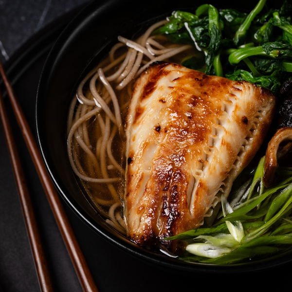 Miso Sablefish Soba Noodle Ramen with Pea Tips and Crispy Oyster Mushrooms